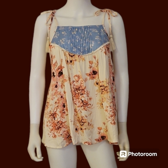 BLUE RAIN Floral Lace Tie Spaghetti Tassel Strap Fairycore Festival Slip Top - Picture 1 of 10